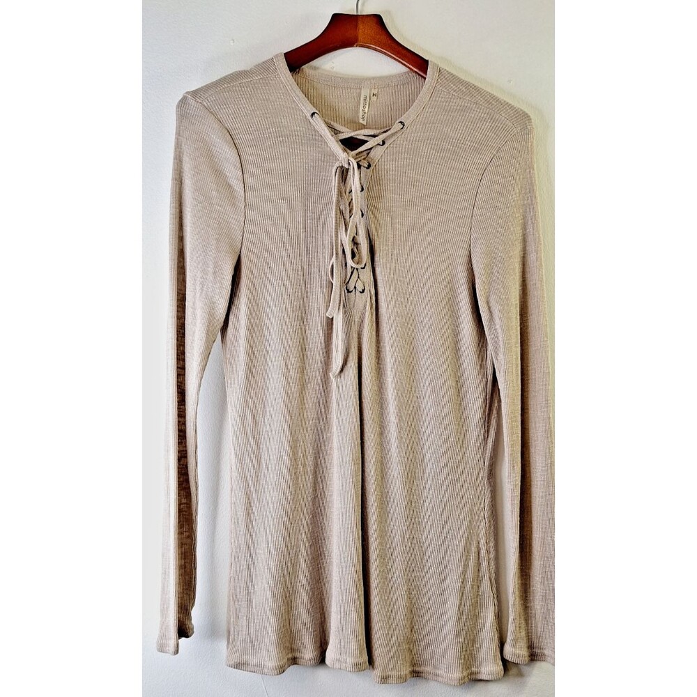 MITTOSHOP Ribbed Tie Front Henley Top Women's Sz L‎ Stretchy Casual Hippie Y2K